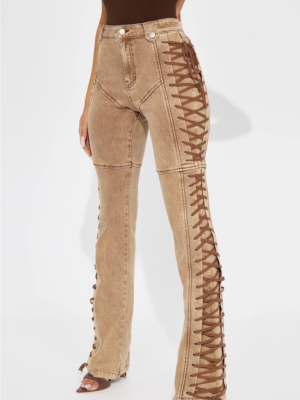 Fashion Nova Brown Lace-Up Wide Leg Jeans